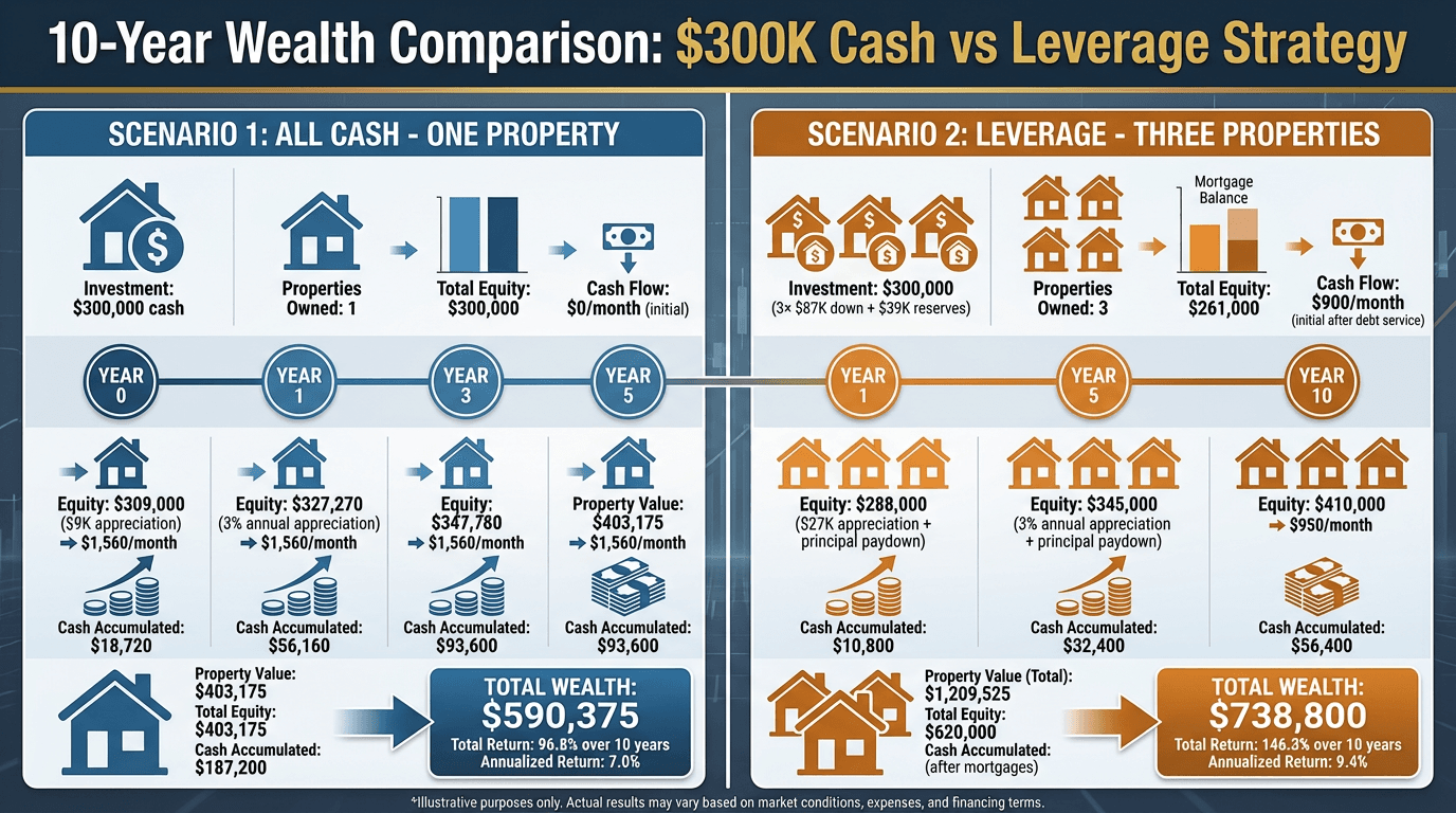 Timeline showing 10-year wealth accumulation comparing cash purchase strategy versus leveraged purchase strategy with detailed year-by-year breakdown
