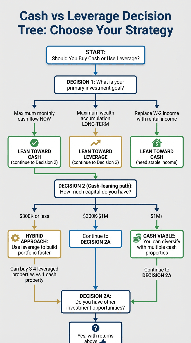Comprehensive decision tree flowchart showing step-by-step decision process for choosing between cash purchase, strategic leverage, maximum leverage, or hybrid approach