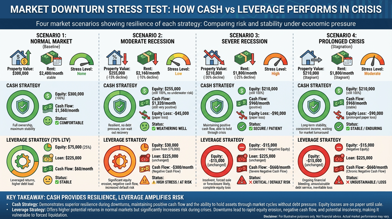 Market downturn stress test showing how cash and leverage strategies perform across four recession scenarios from normal market to catastrophic crash