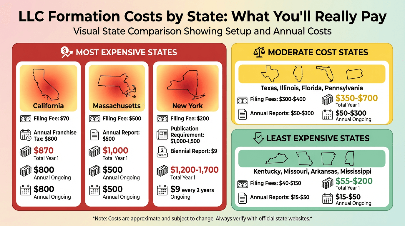 LLC Formation Costs by State Map
