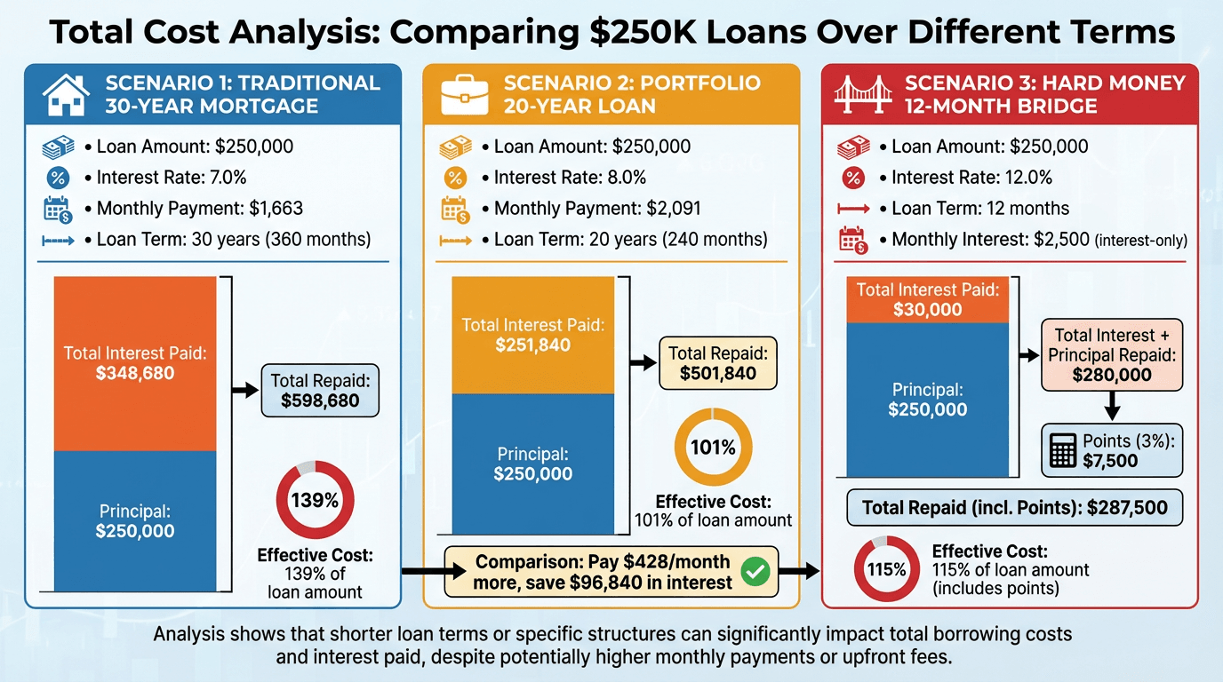 Total cost comparison showing interest paid on $250K loans across traditional mortgage, portfolio loan, and hard money scenarios