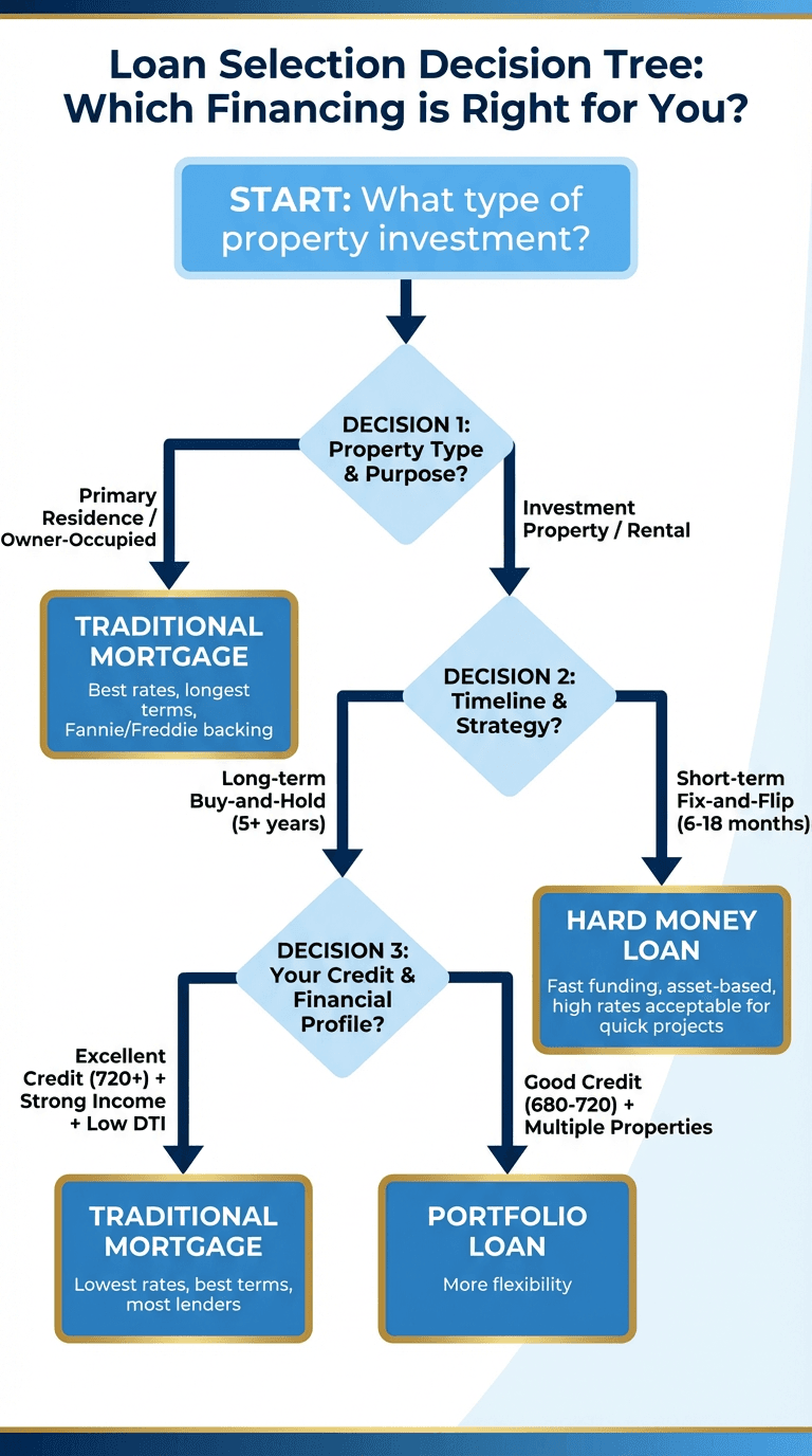 Decision tree flowchart for selecting between traditional mortgage, portfolio loan, or hard money financing based on property type, timeline, and investor profile