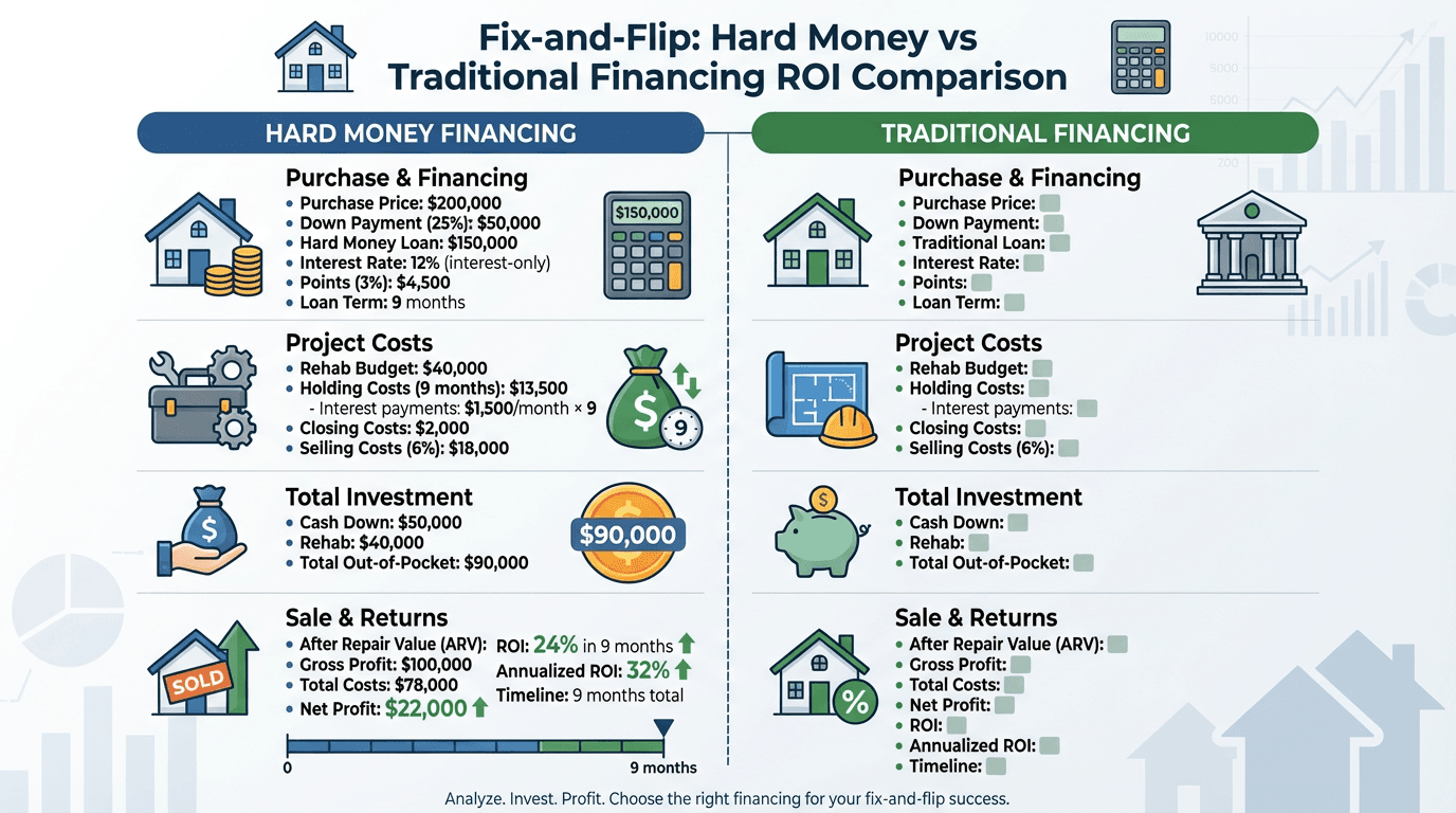 ROI comparison for fix-and-flip projects using hard money financing vs traditional mortgage showing speed advantages