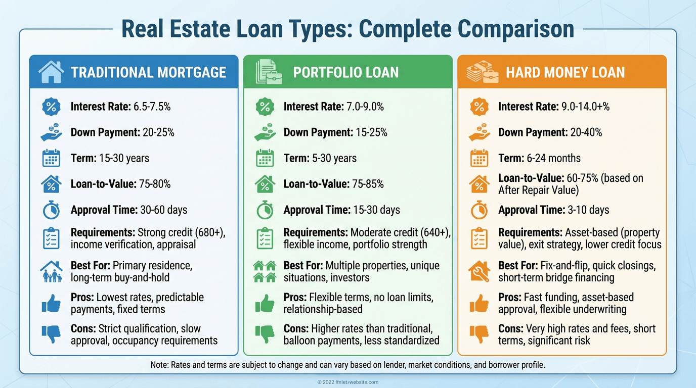 Traditional vs Portfolio vs Hard Money Loans for Investors (2026)