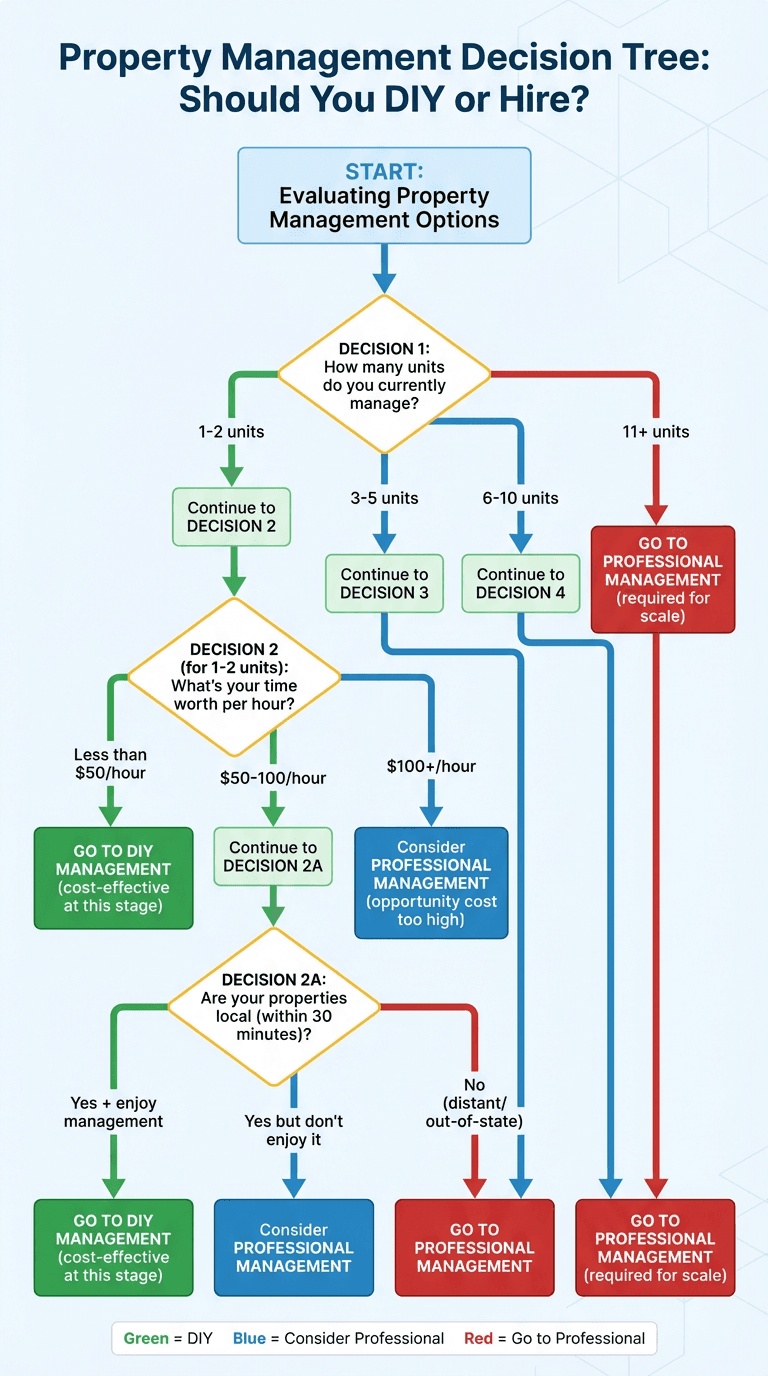 Comprehensive decision tree flowchart to help investors choose between DIY property management, hybrid approach, professional management, or in-house team