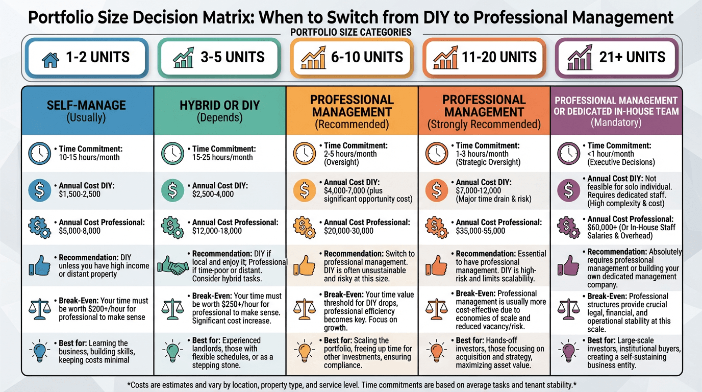 Decision matrix showing when to transition from DIY to professional property management based on portfolio size and investor profile