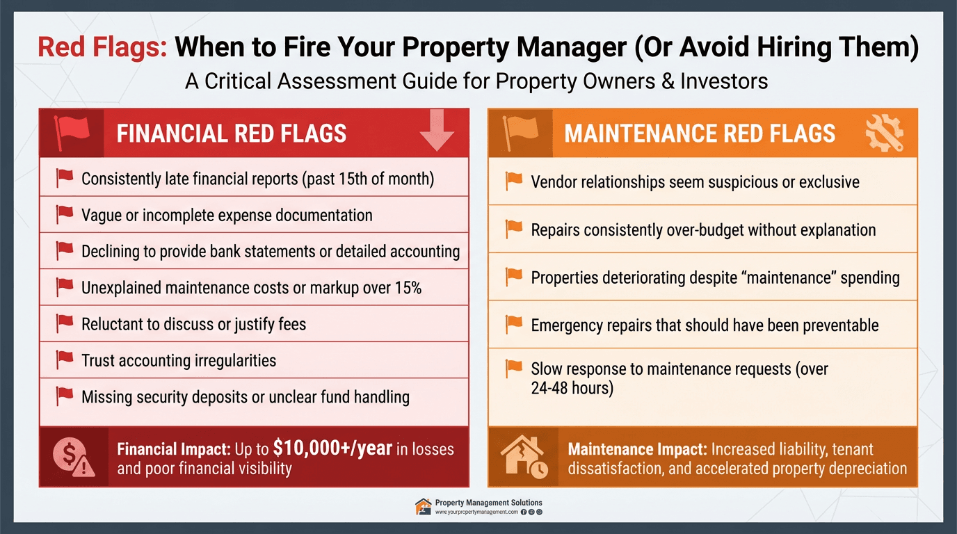 Comprehensive red flags infographic showing warning signs of bad property managers across financial, maintenance, tenant management, communication, and legal categories
